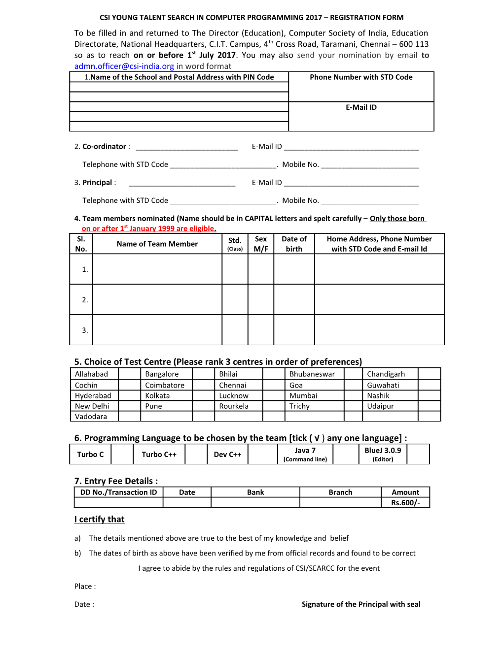 Csi Young Talent Search in Computer Programming 2017 Registration Form