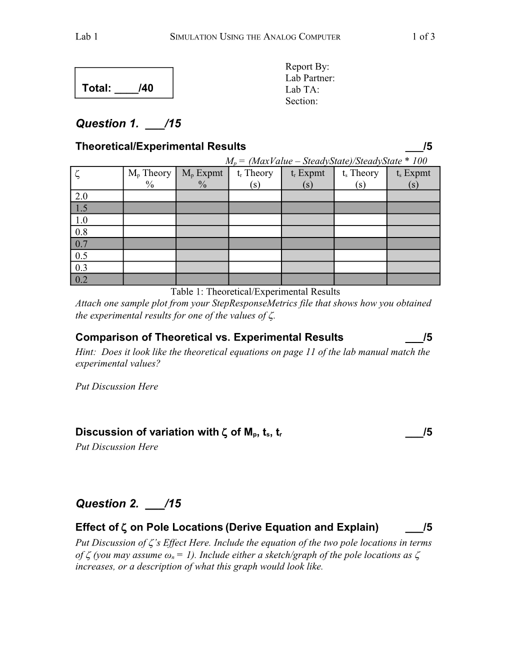 Lab 1Simulation Using the Analog Computer1 of 2