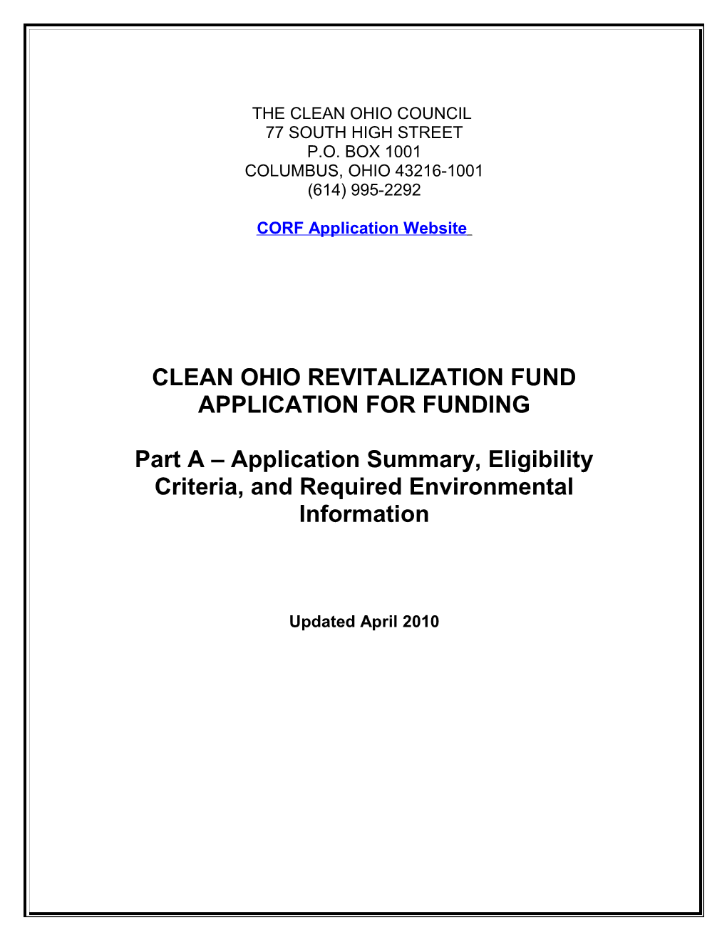 Application for Clean Ohio Revitalization Funds