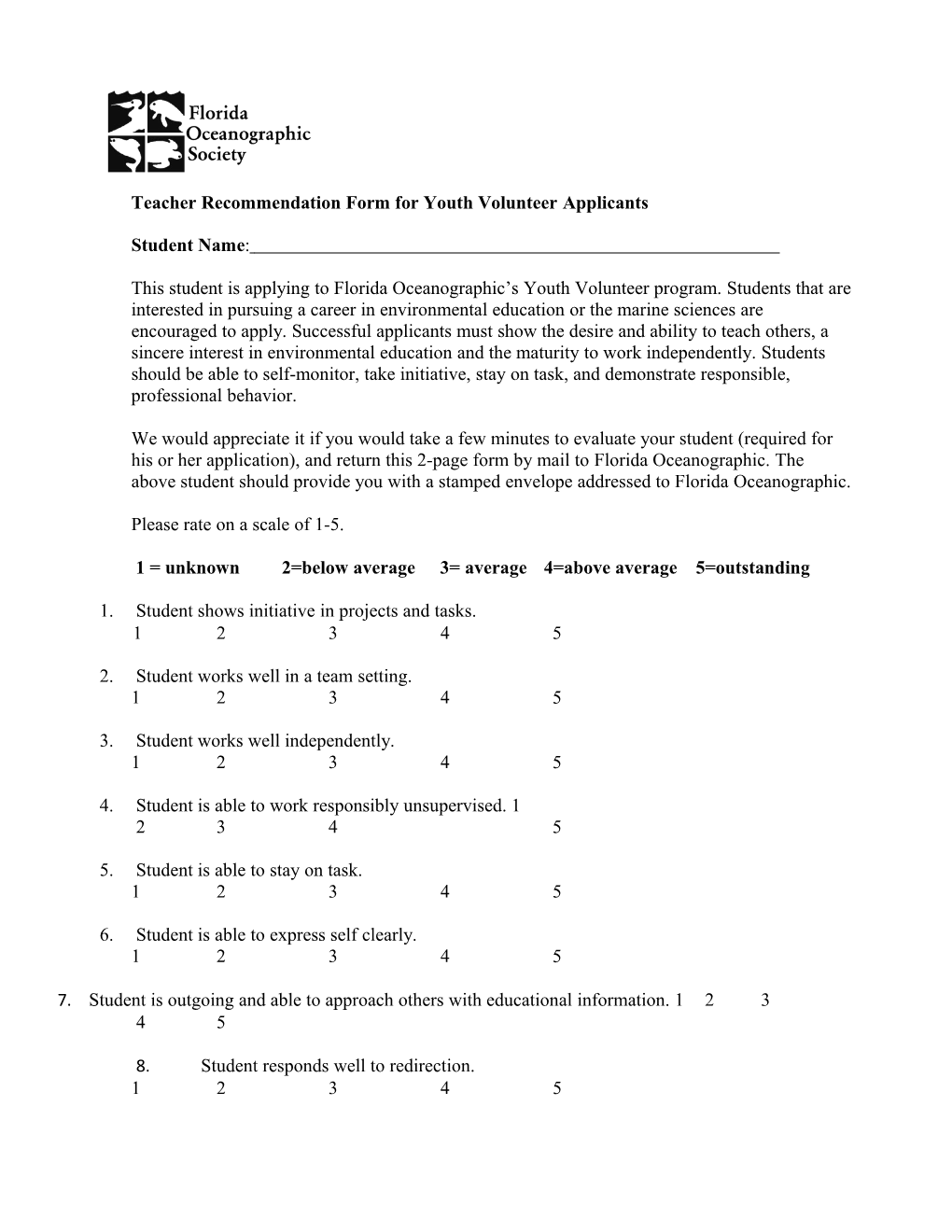 Teacher Recommendation Form for Youth Volunteerapplicants
