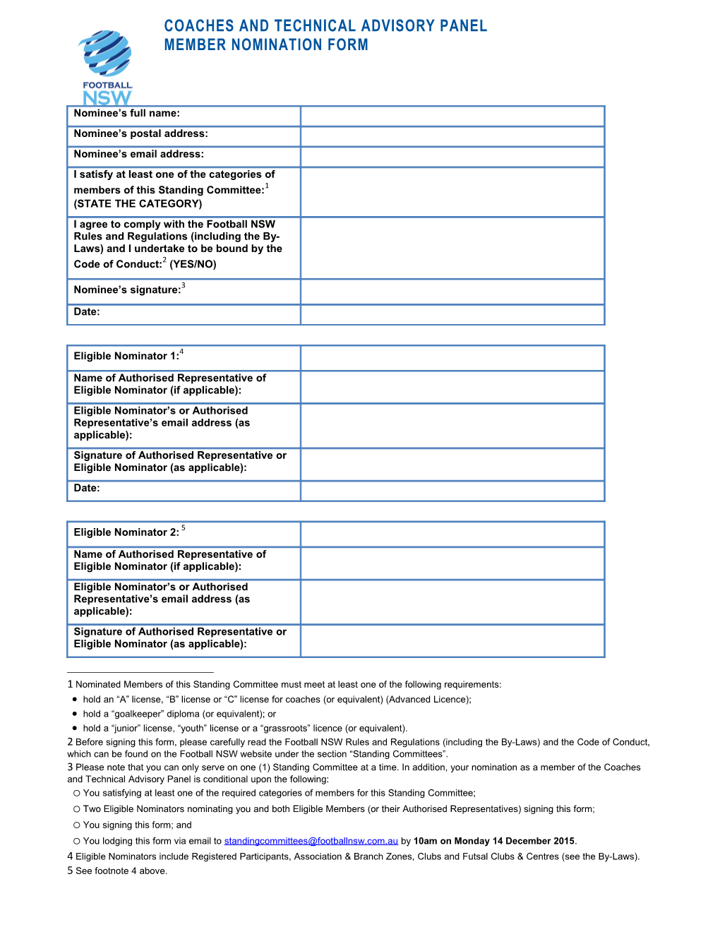 National Soccer League Standard Player Contract Registration Form