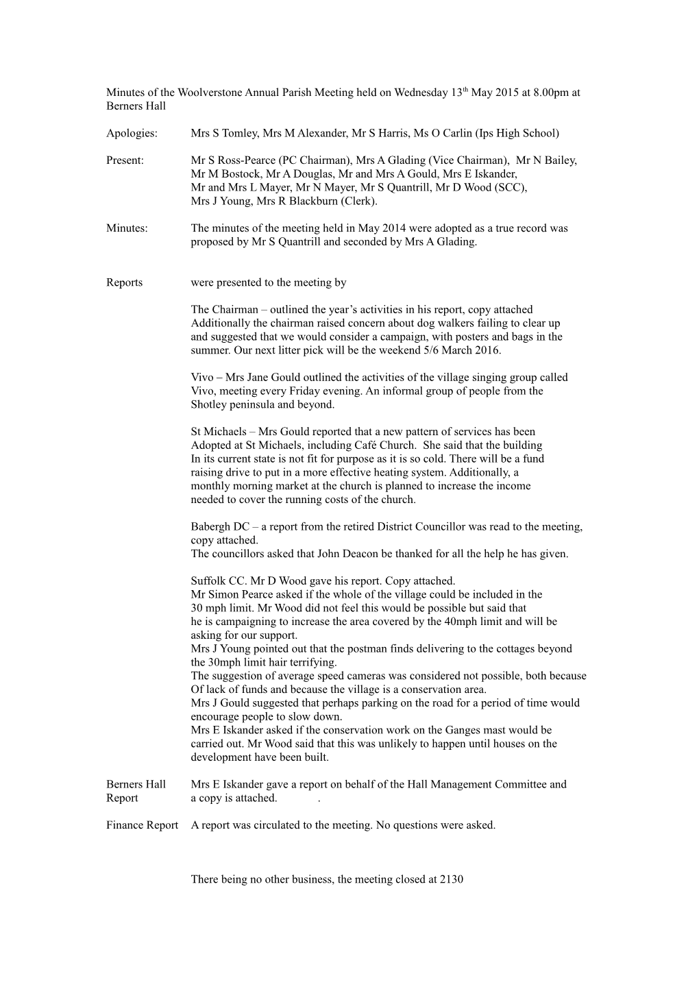 Minutes of the Woolverstone Annual Parish Council Meeting Held on Wednesday 24Th May 2006