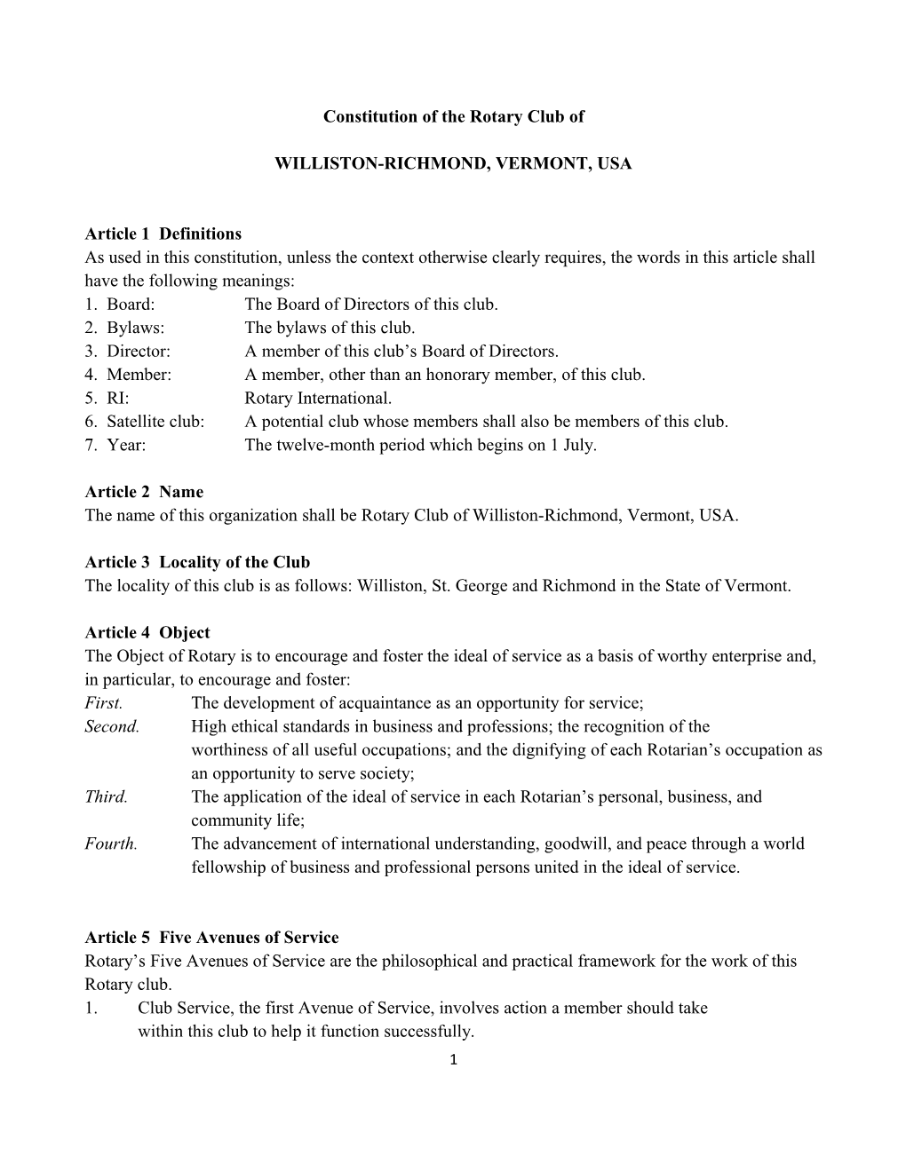 Constitution of the Rotary Club Of