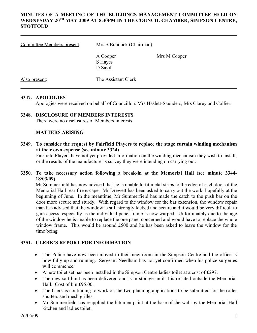 Minutes of a Meeting of the Buildings Management Committee Held on Wednesday 18Th March