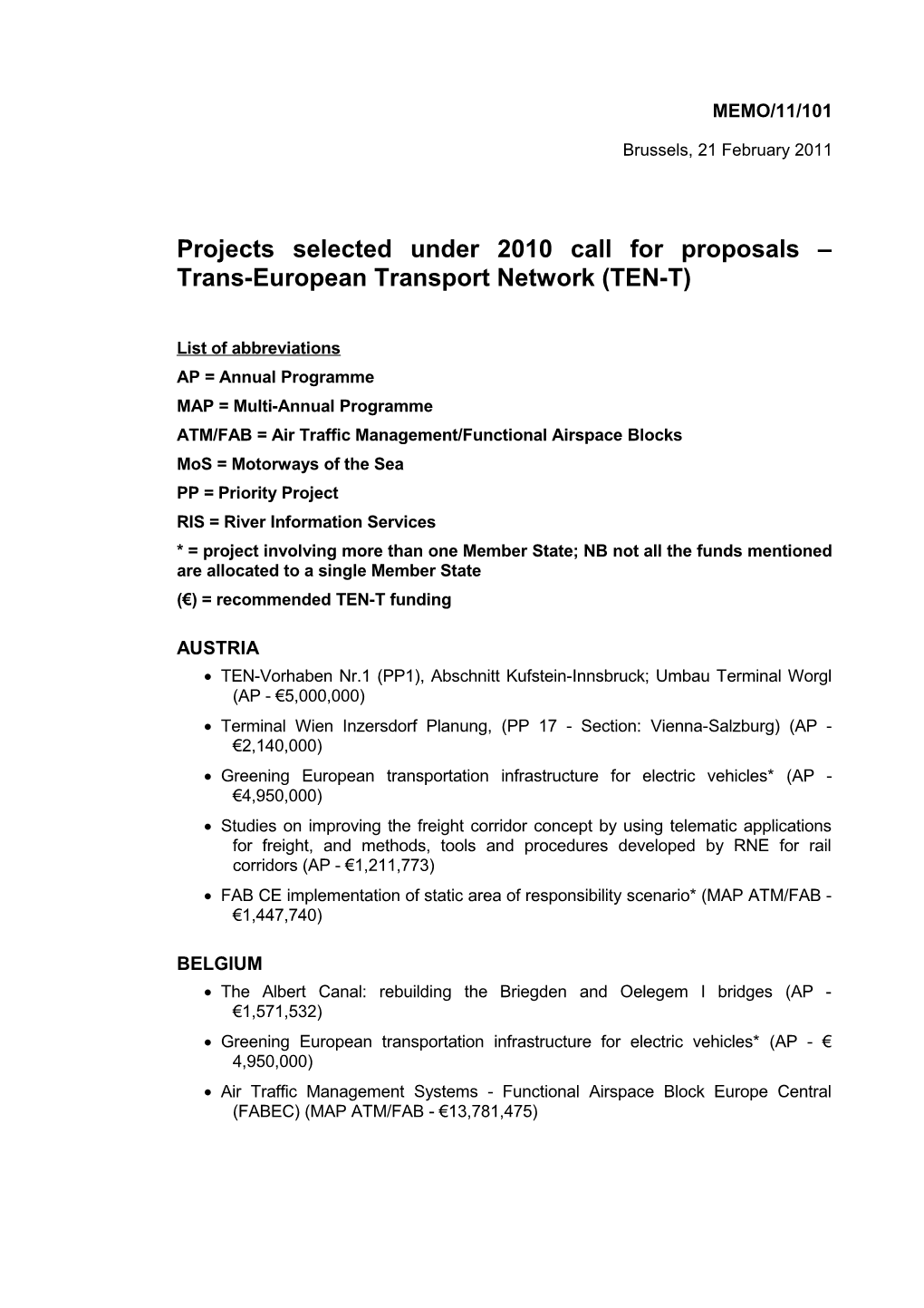 Projects Selected Under 2010 Call for Proposals Trans-European Transport Network (TEN-T)