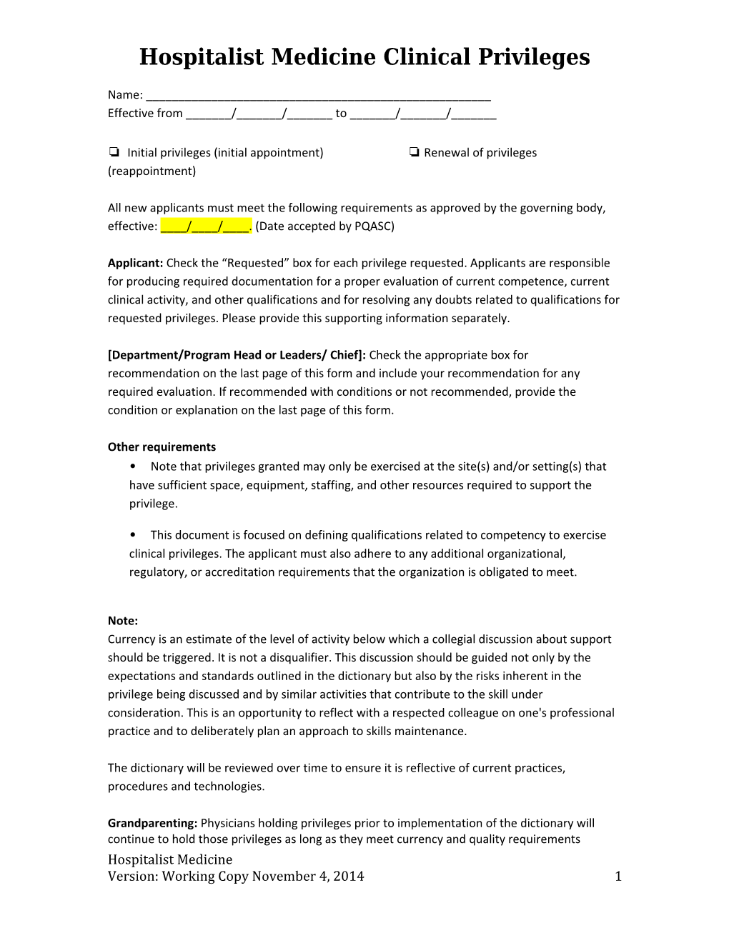 Hospitalist Medicine Clinical Privileges