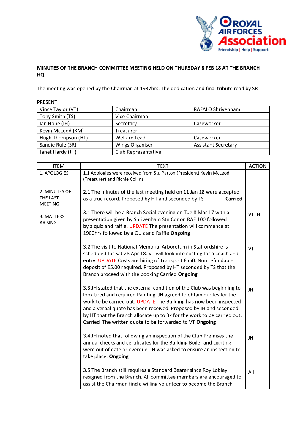 Minutes of the Branch Committee Meeting Held on Thursday 8 Feb 18 at the Branch Hq