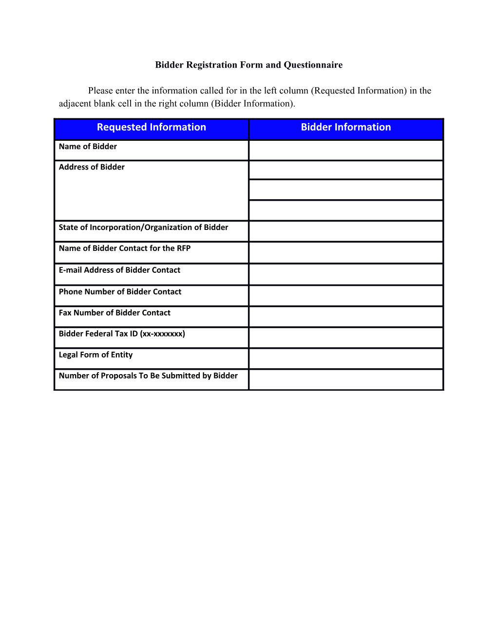 Bidder Registration Form and Questionnaire