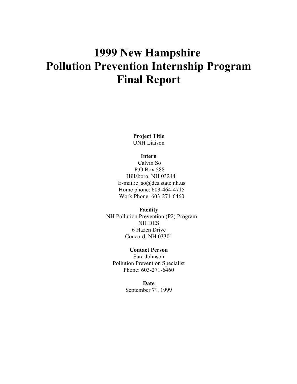Pollution Prevention Internship Program Final Report