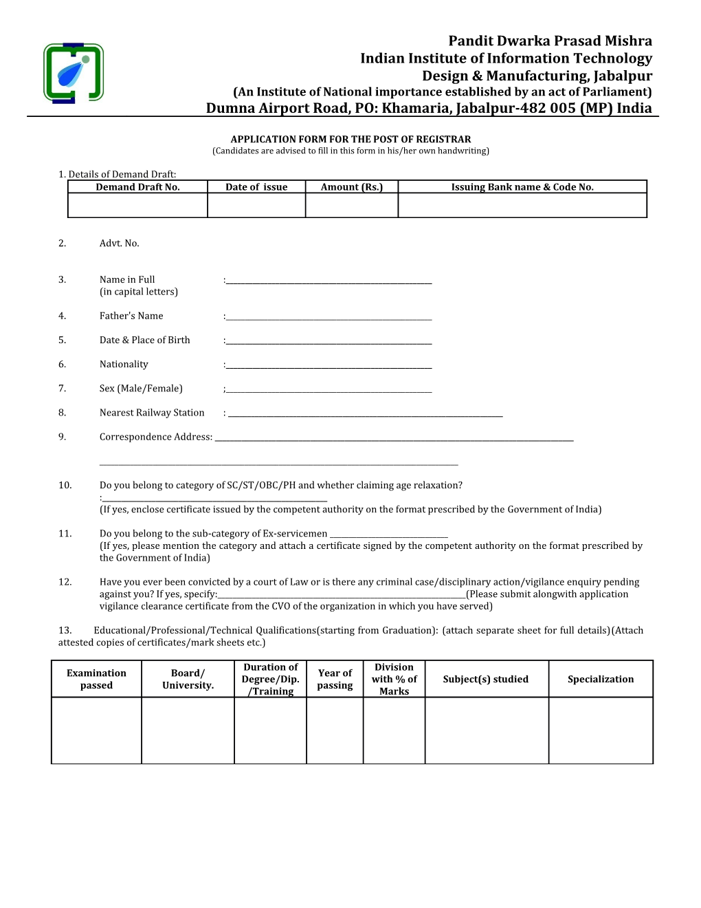 Application Form for the Post of Registrar