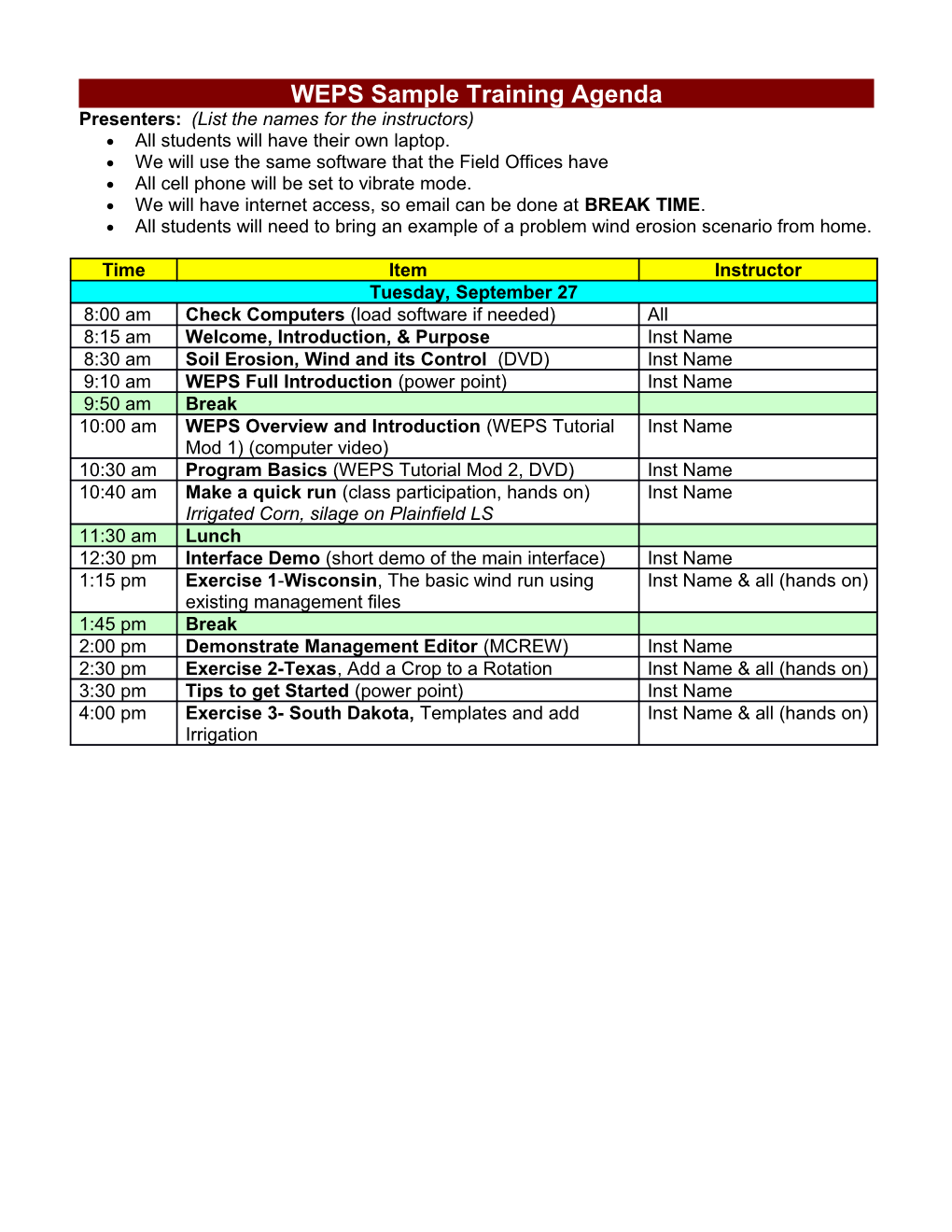 WEPS Testing Sessions Agenda