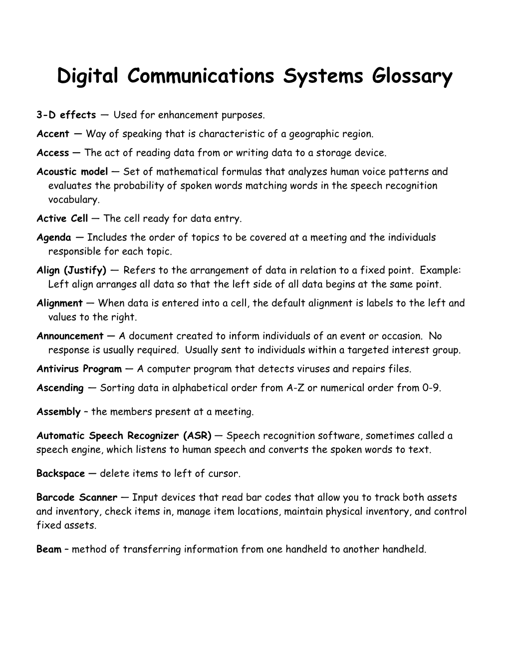 Digital Communications Systems Glossary