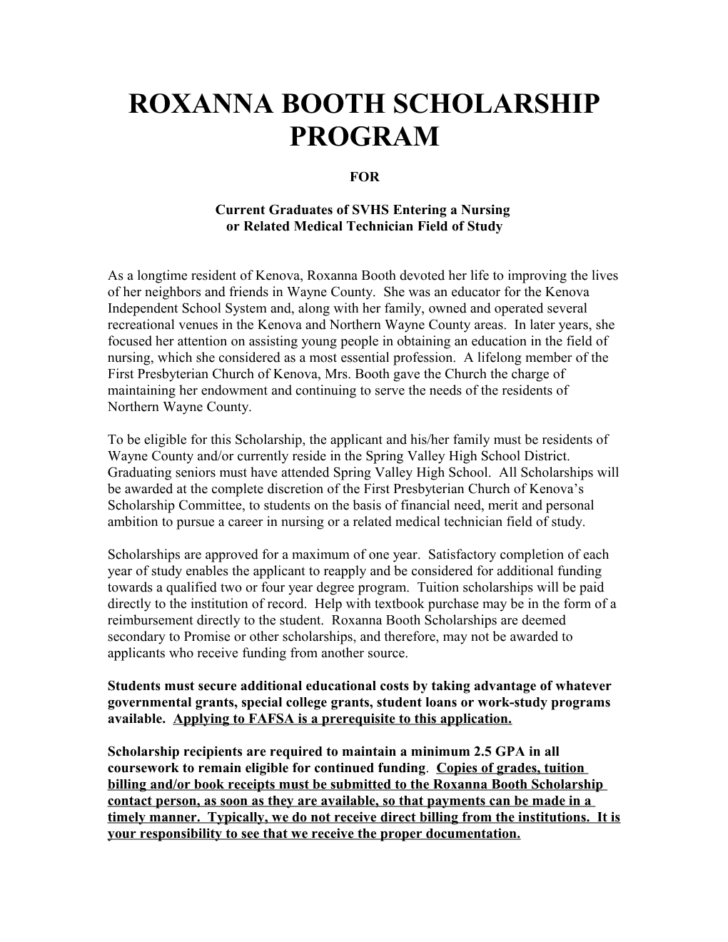 Roxanna Booth Scholarship Application