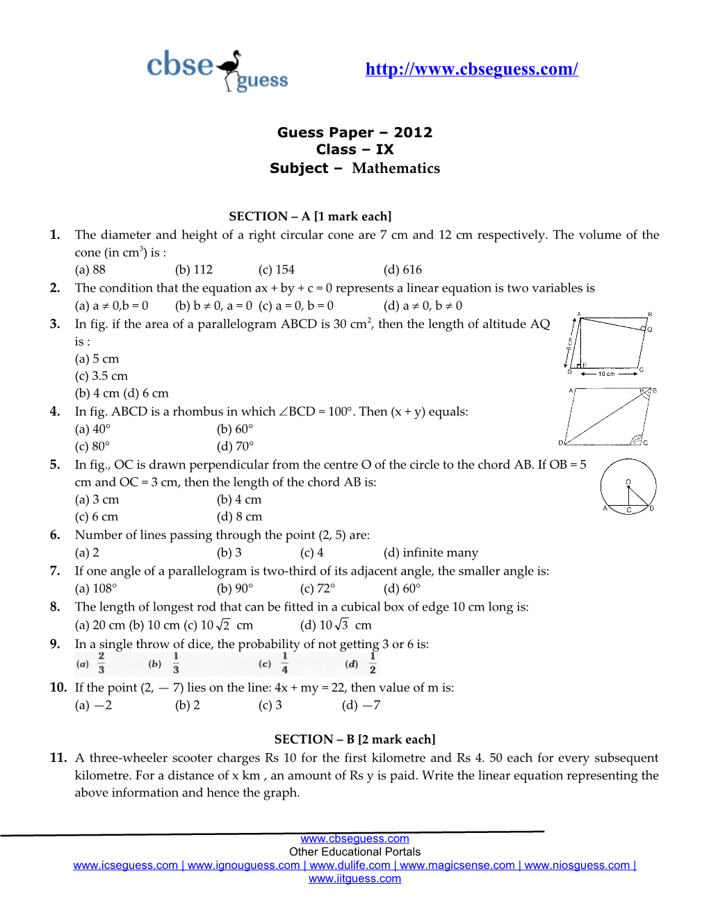 Guess Paper 2012 Class IX Subject Mathematics