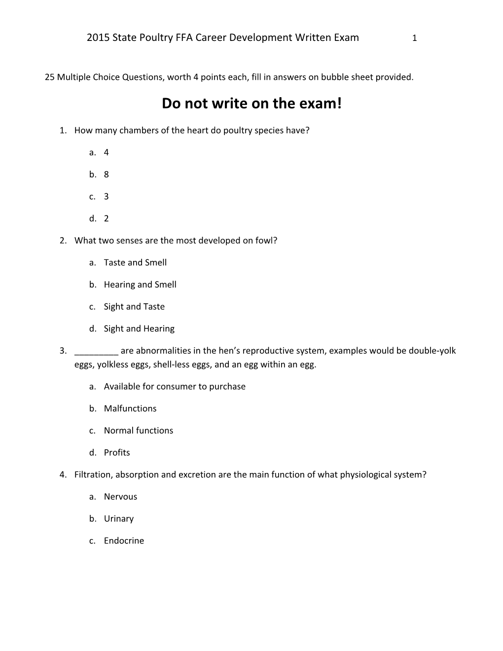 2015 State Poultry FFA Career Development Written Exam 4