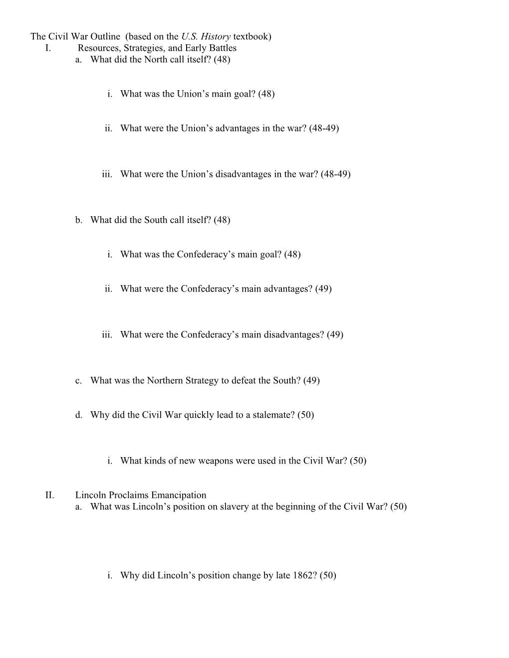 The Civil War Outline (Based on the U.S. History Textbook)