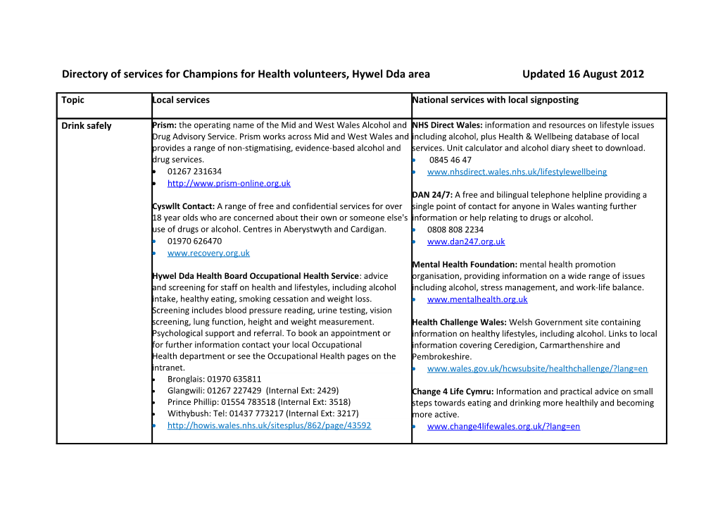 Directory of Services for Champions for Health Volunteers, Hywel Dda Areaupdated 16August 2012