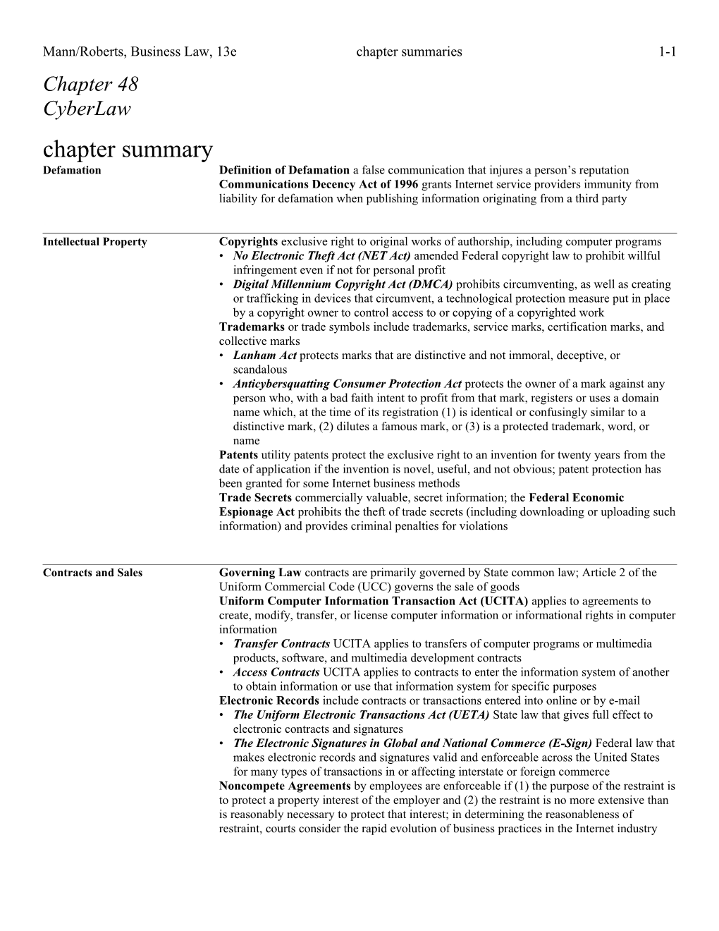 Mann/Roberts, Business Law, 13E Chapter Summaries 1-3