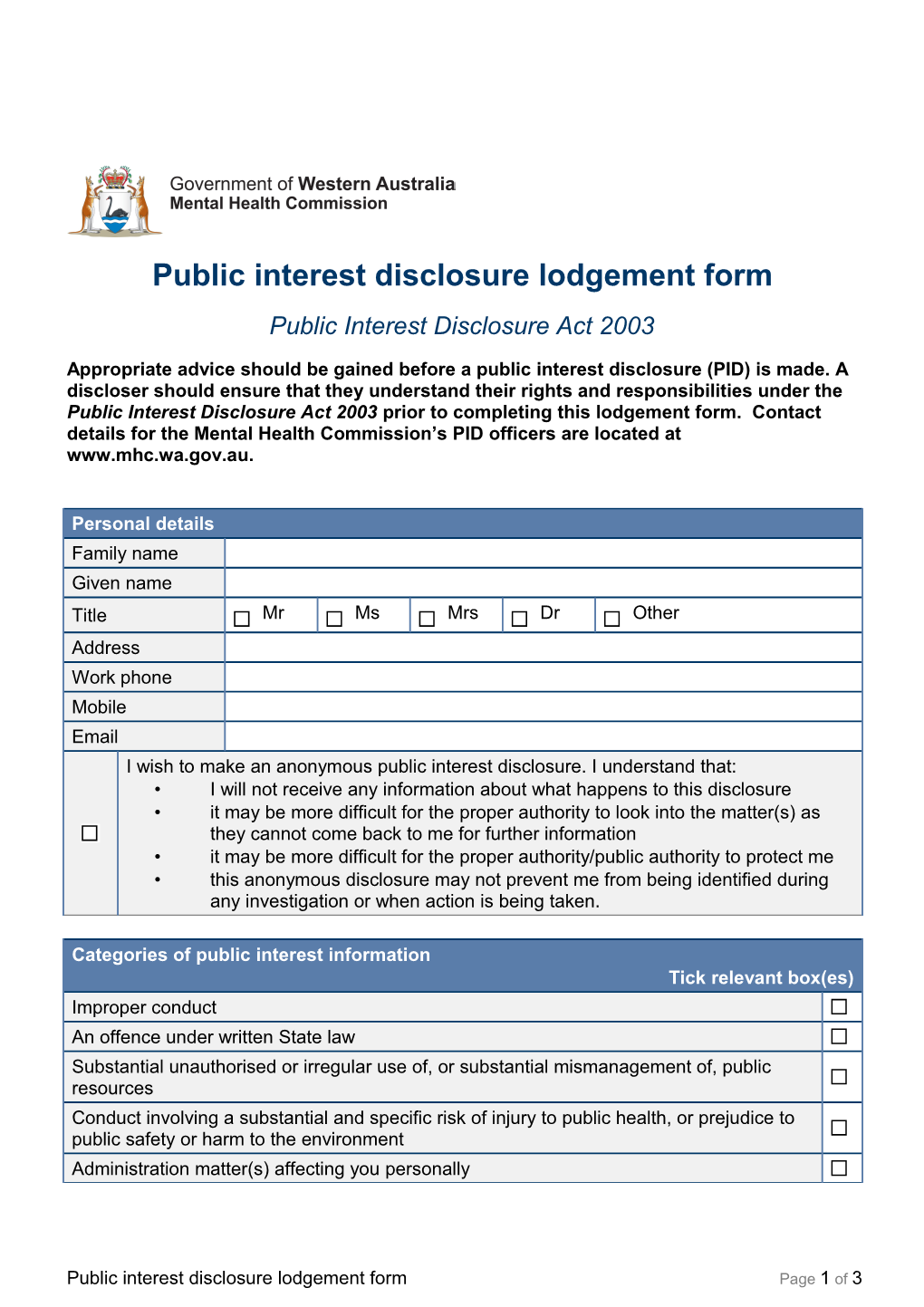 Public Interest Disclosure Lodgement Form