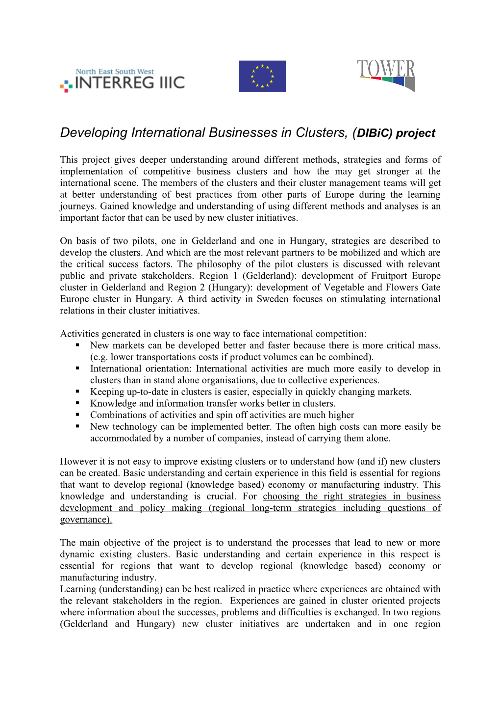 Developing International Businesses in Clusters, (Dibic) Project