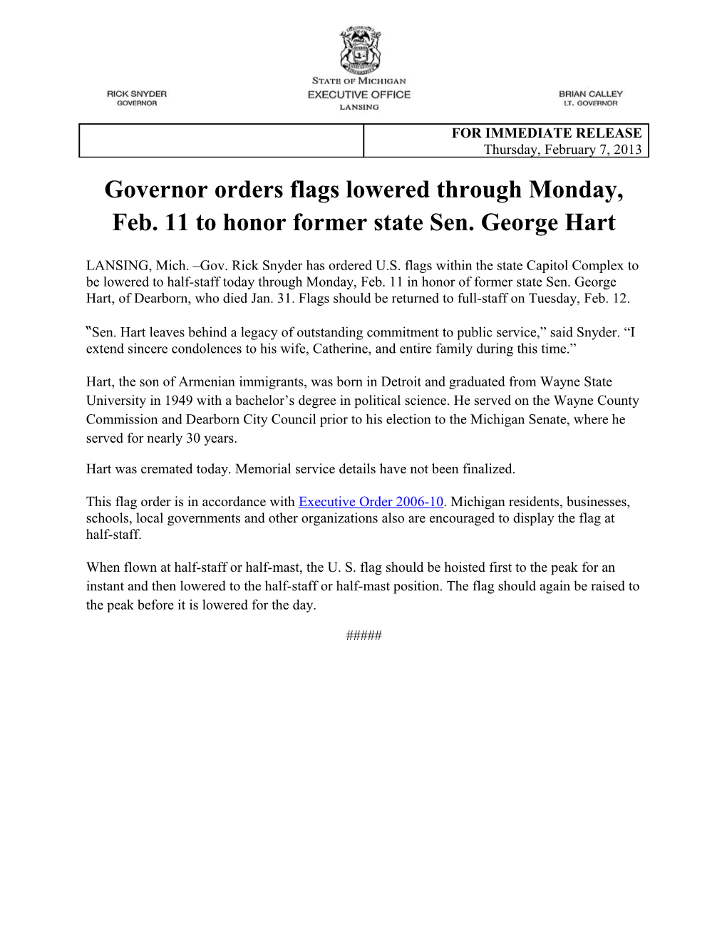 Governor Orders Flags Lowered Through Monday, Feb. 11 to Honor Former State Sen. George Hart