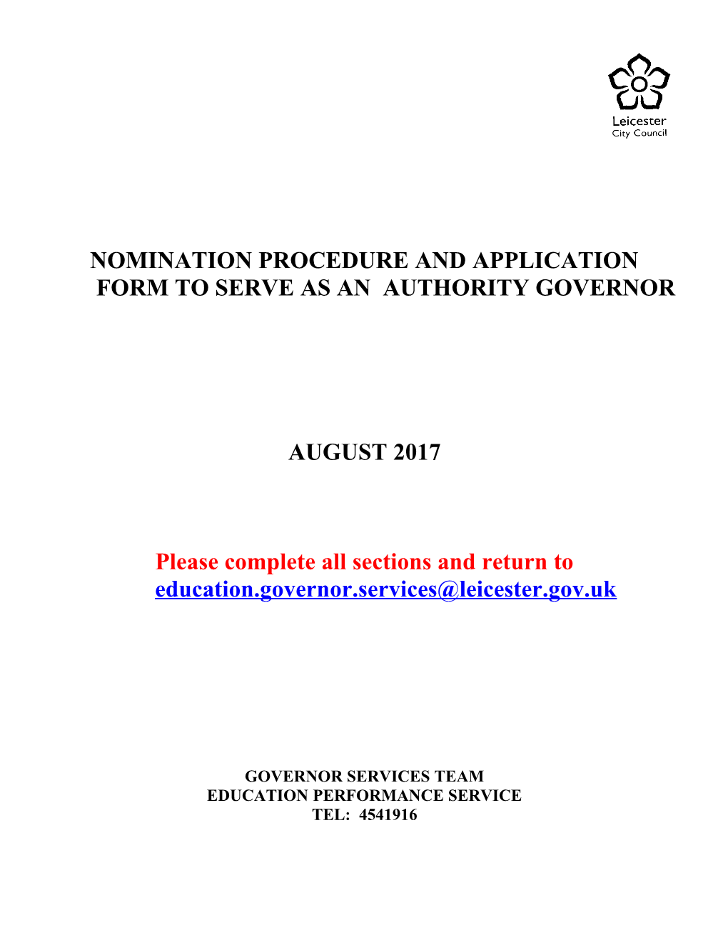 Nomination Procedure and Application Form to Serve As an Authority Governor