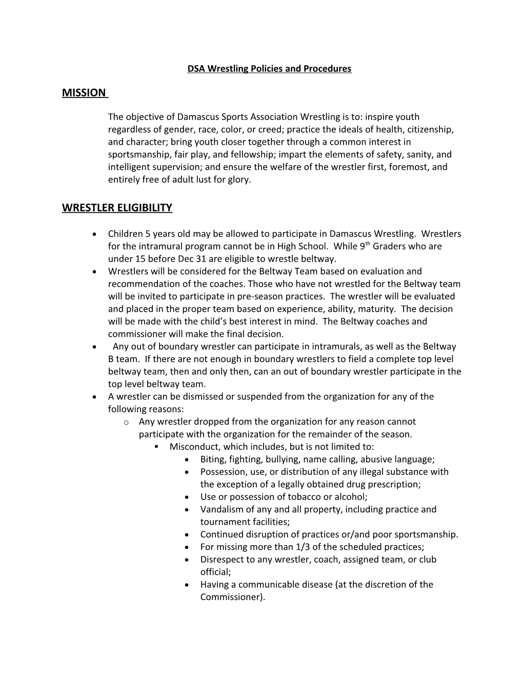 DSA Wrestling Standard Operation Procedures