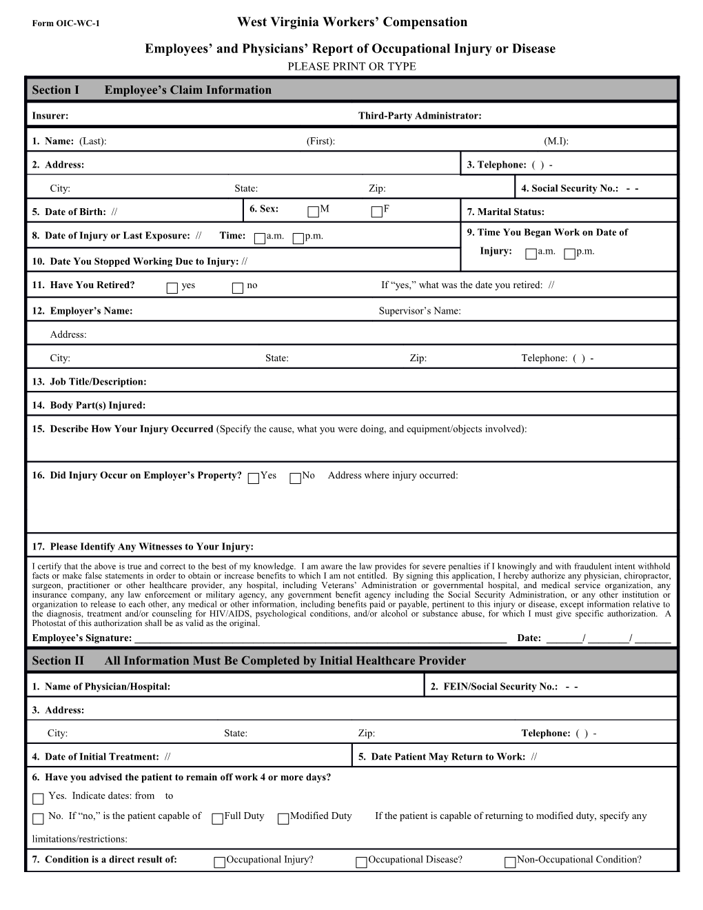 Form OIC-WC-1