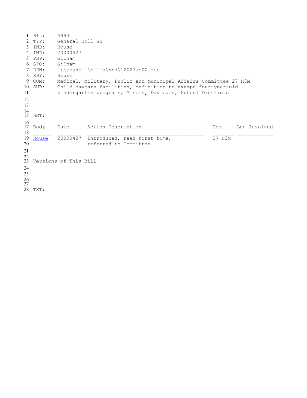 1999-2000 Bill 4993: Child Daycare Facilities, Definition to Exempt Four-Year-Old Kindergarten