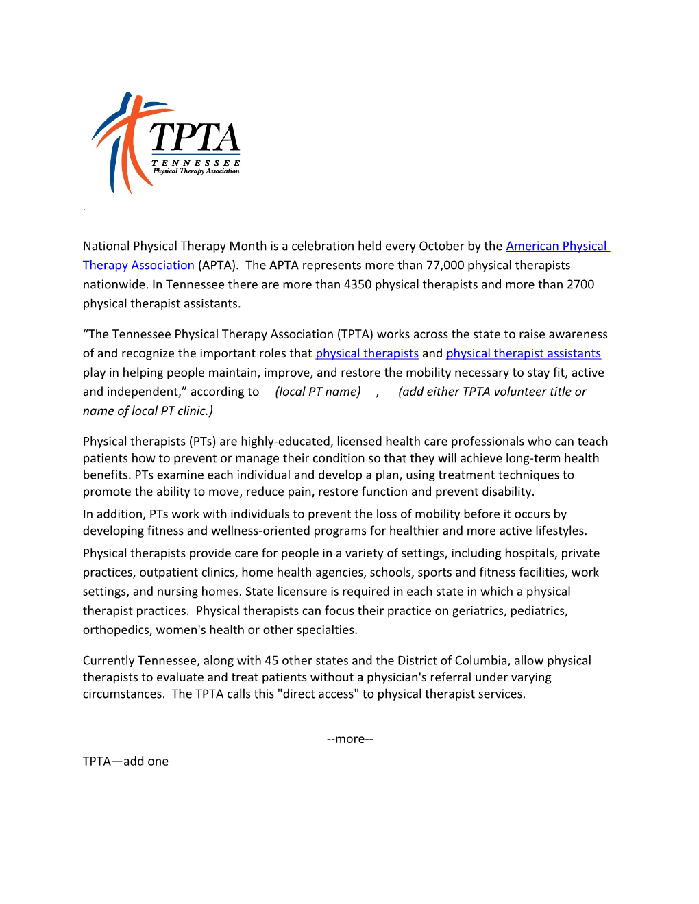 The Tennessee Physical Therapy Association (TPTA) Works Across the State to Raise Awareness