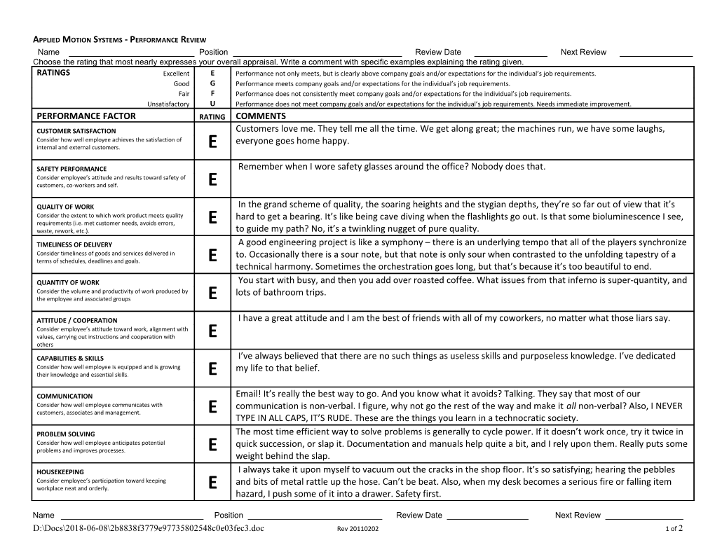 Applied Motion Systems - Performance Review