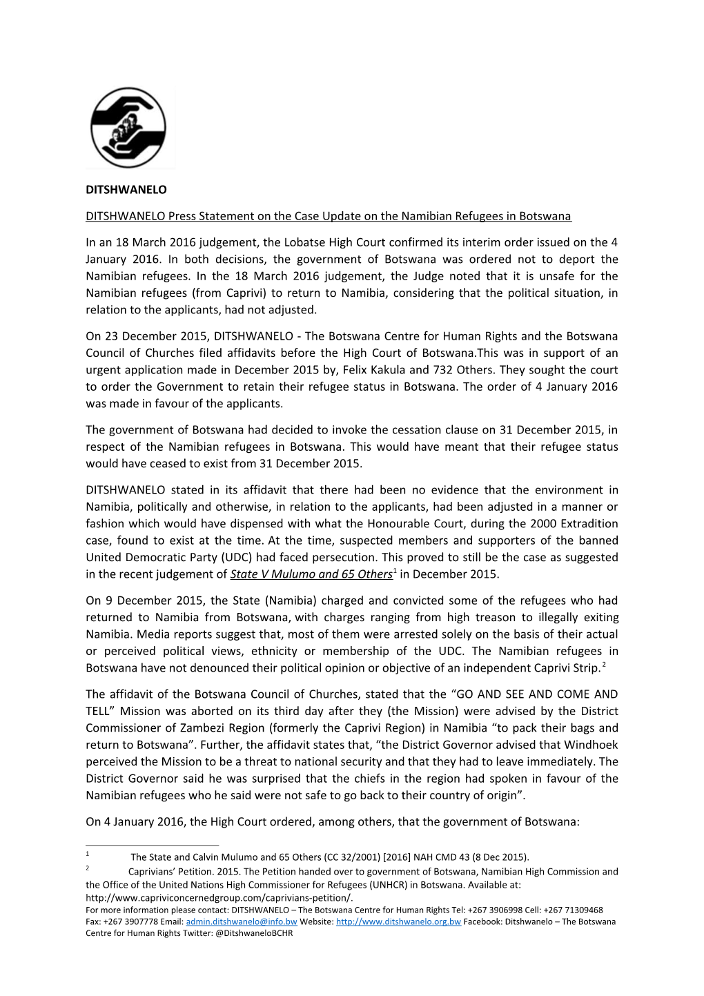 DITSHWANELO Press Statement on the Case Update on the Namibian Refugees in Botswana