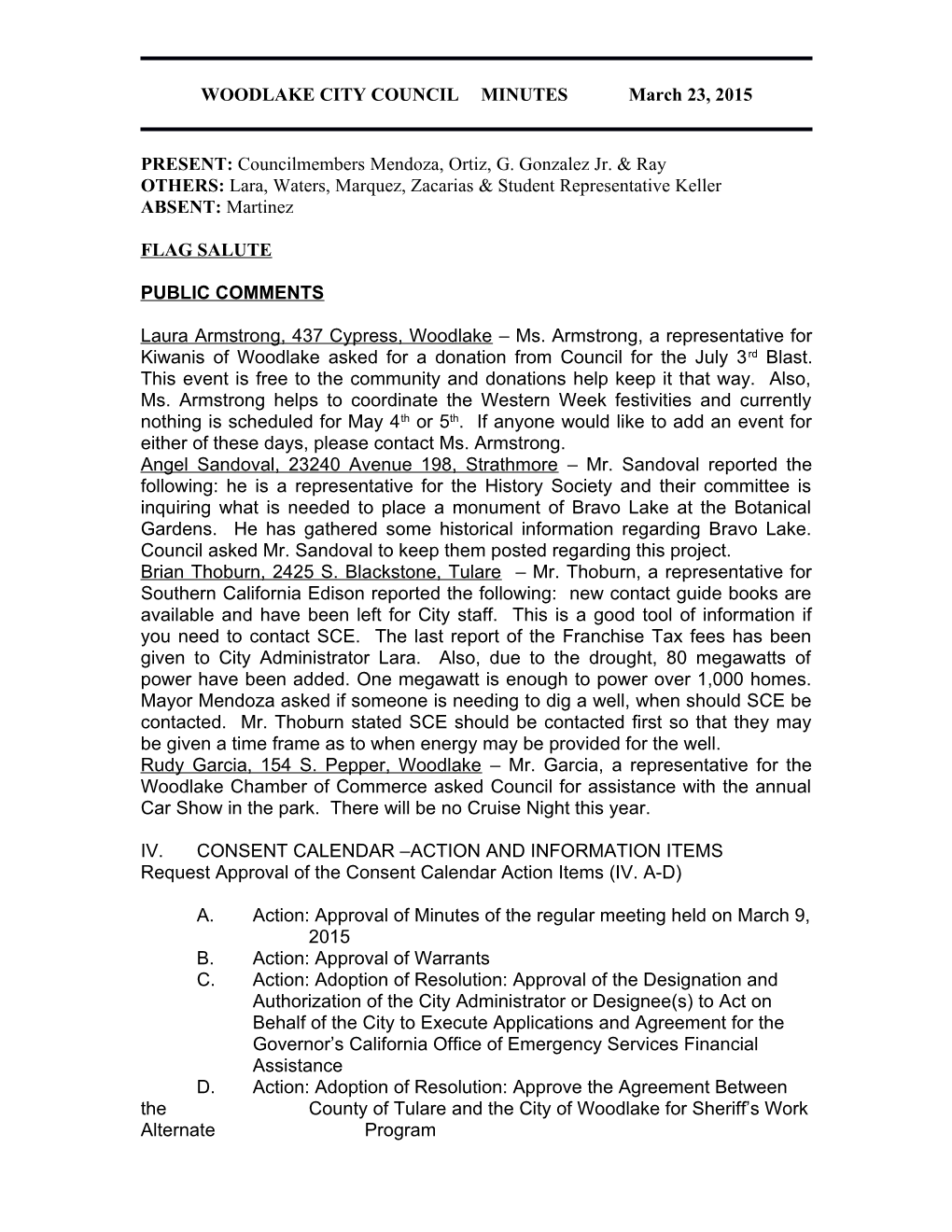 WOODLAKE CITY COUNCIL MINUTES March 23, 2015