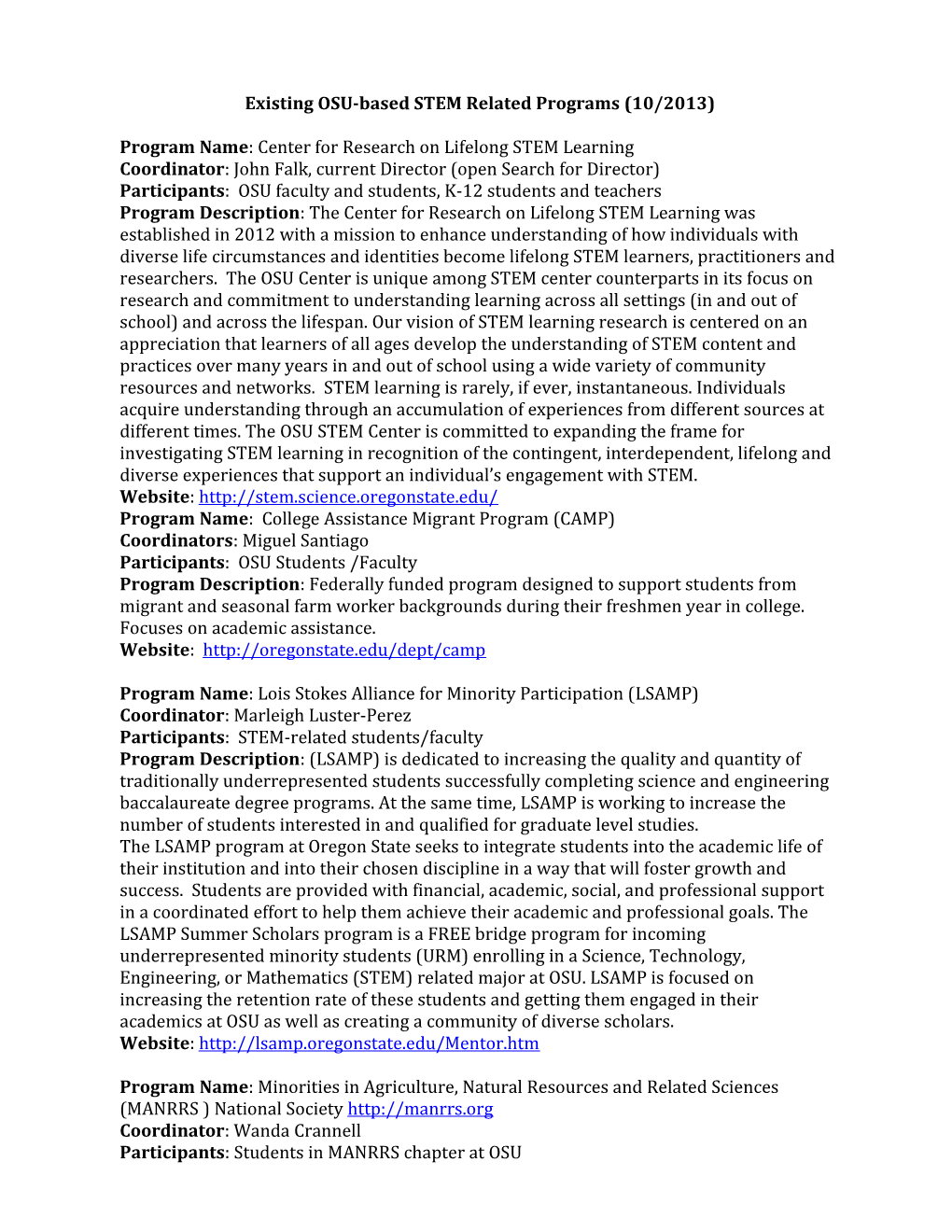 Existing OSU-Based STEM Related Programs (10/2013)