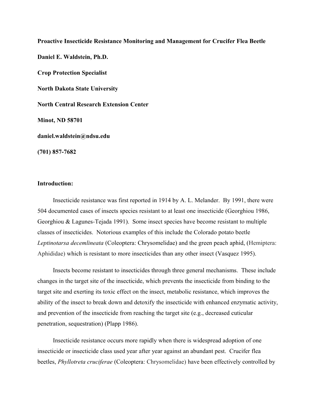 Proactive Insecticide Resistance Monitoring and Management for Crucifer Flea Beetle