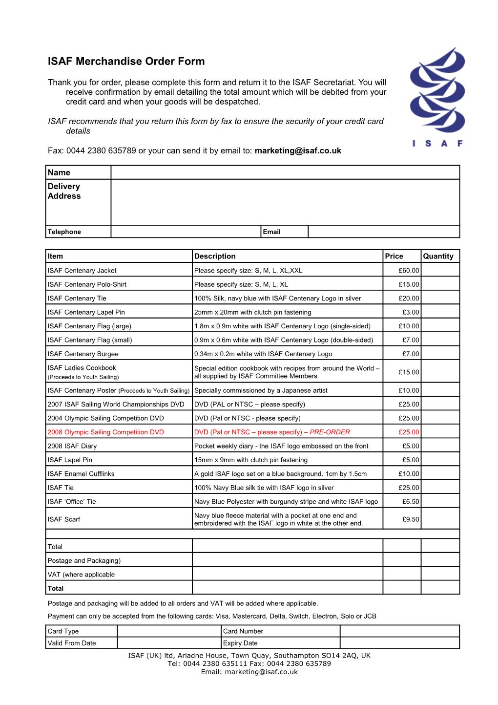 ISAF Merchandise Order Form