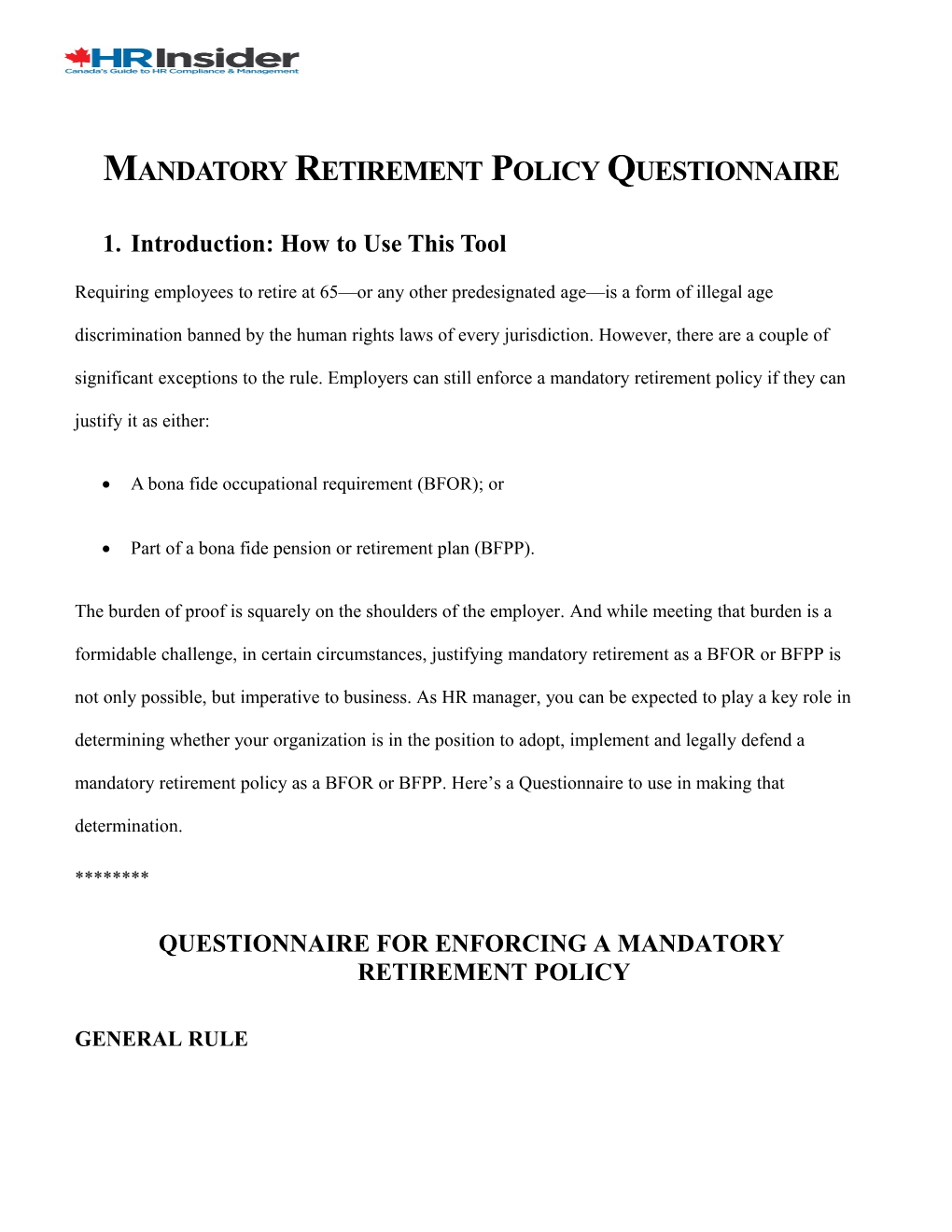 Mandatory Retirement Policyquestionnaire