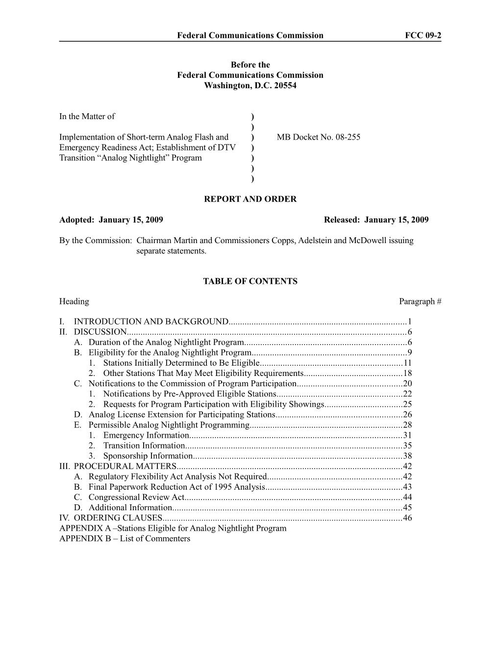 Federal Communications Commissionfcc 09-2