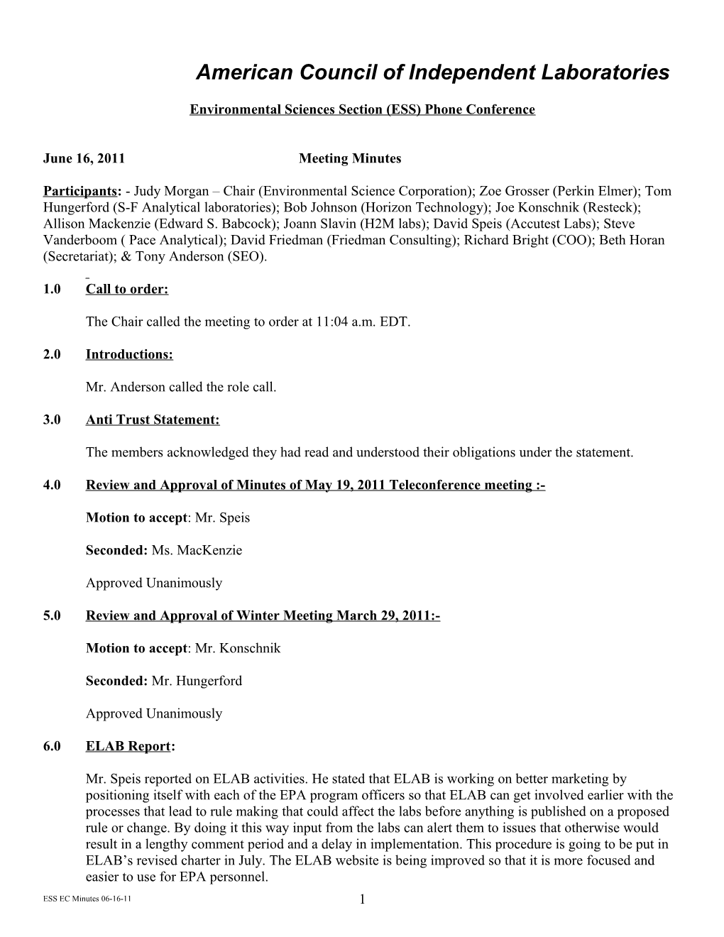 Environmental Sciences Section (ESS) Phone Conference s2