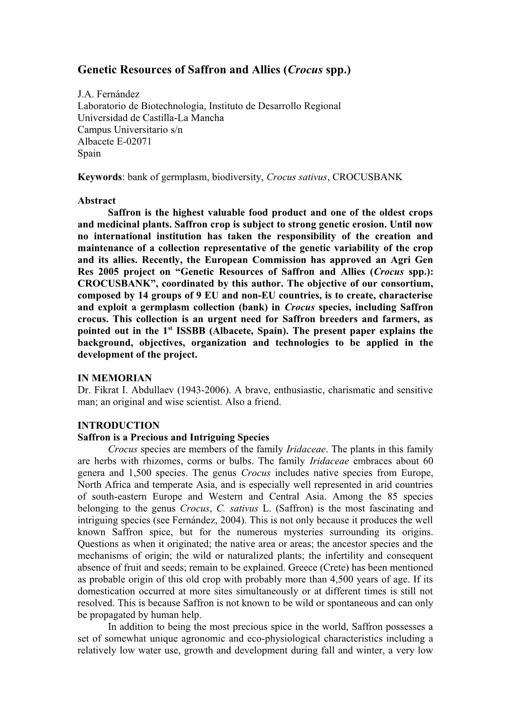 Genetic Resources of Saffron and Allies (Crocus Spp