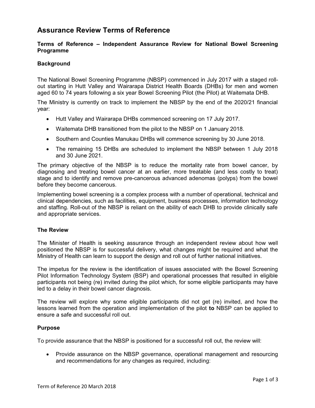 Terms of Reference Independent Assurance Review for National Bowel Screening Programme