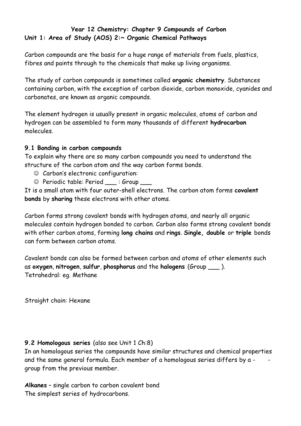 Year 12 Chemistry: Chapter 9 Compounds of Carbon