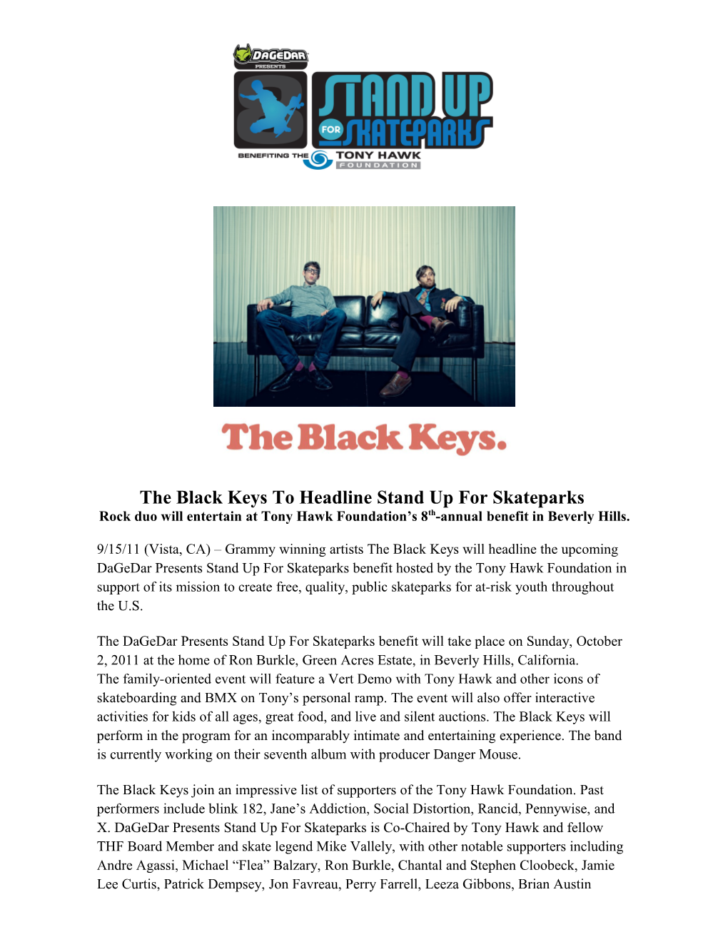The Black Keys to Perform at Stand up for Skateparks