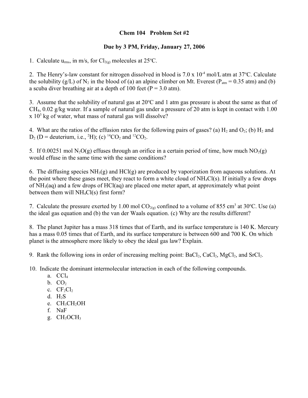 Chem 104 Problem Set #2