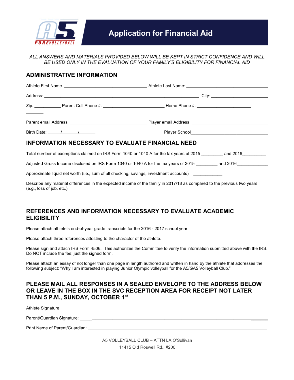 A5 Tryout Registration Form 2007-2008