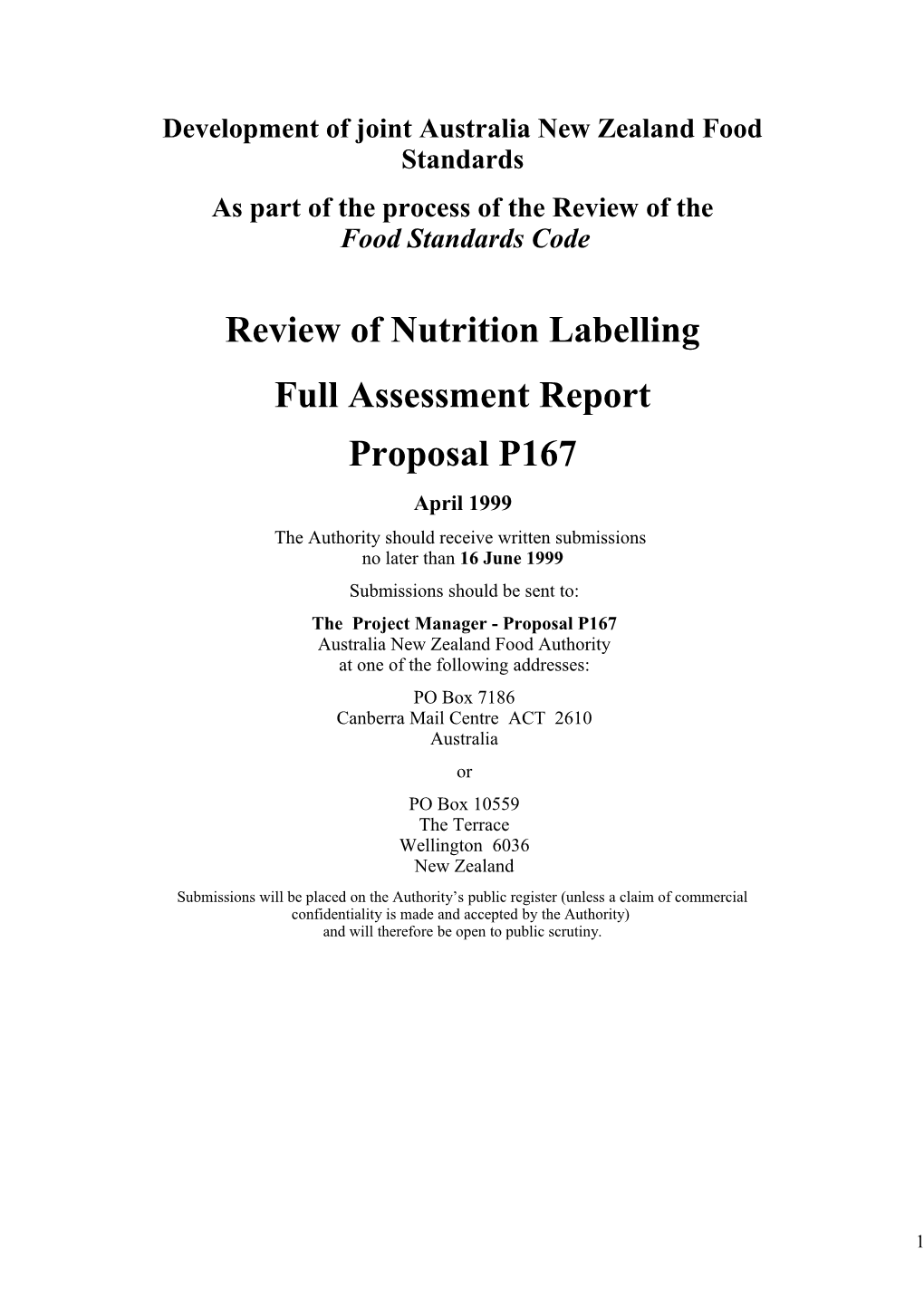 Review of Nutrition Labelling Full Assessment Report Proposal P167 (1999)