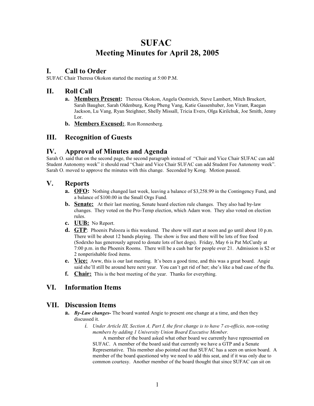Meeting Minutes for April 28, 2005