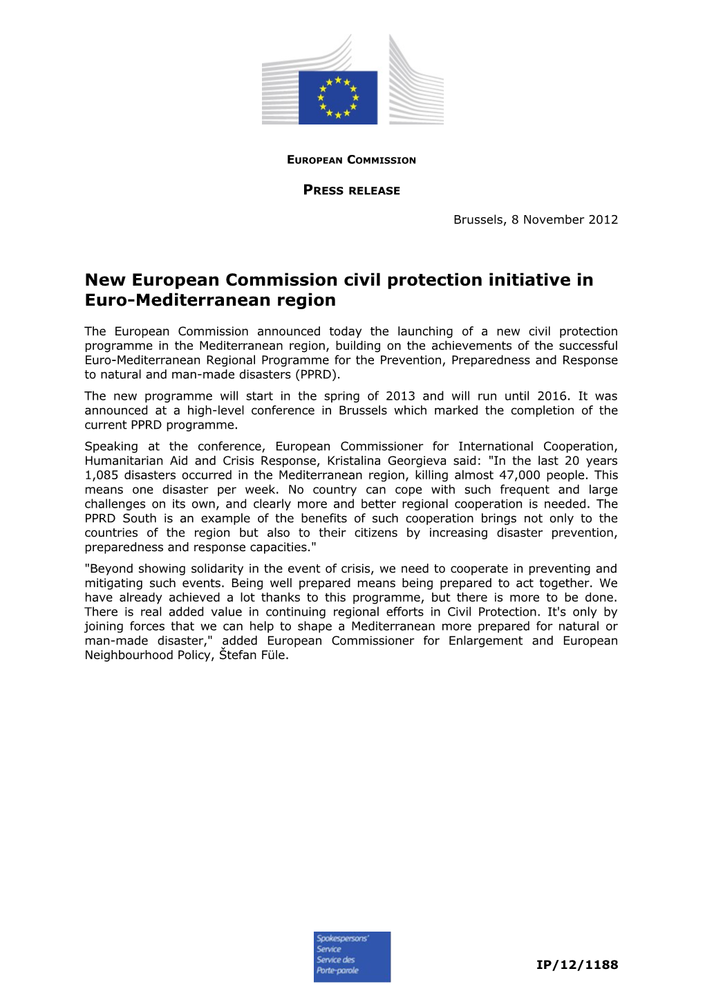 New European Commission Civil Protection Initiative in Euro-Mediterranean Region