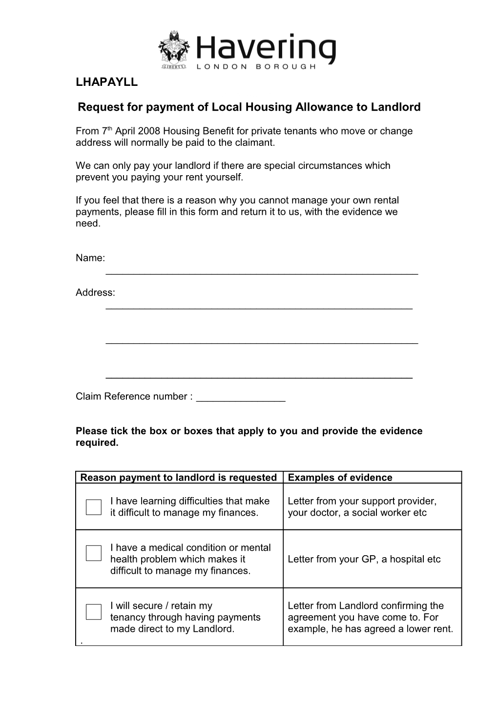 Form for Tenant to Request Local Housing Allowance to Landlord