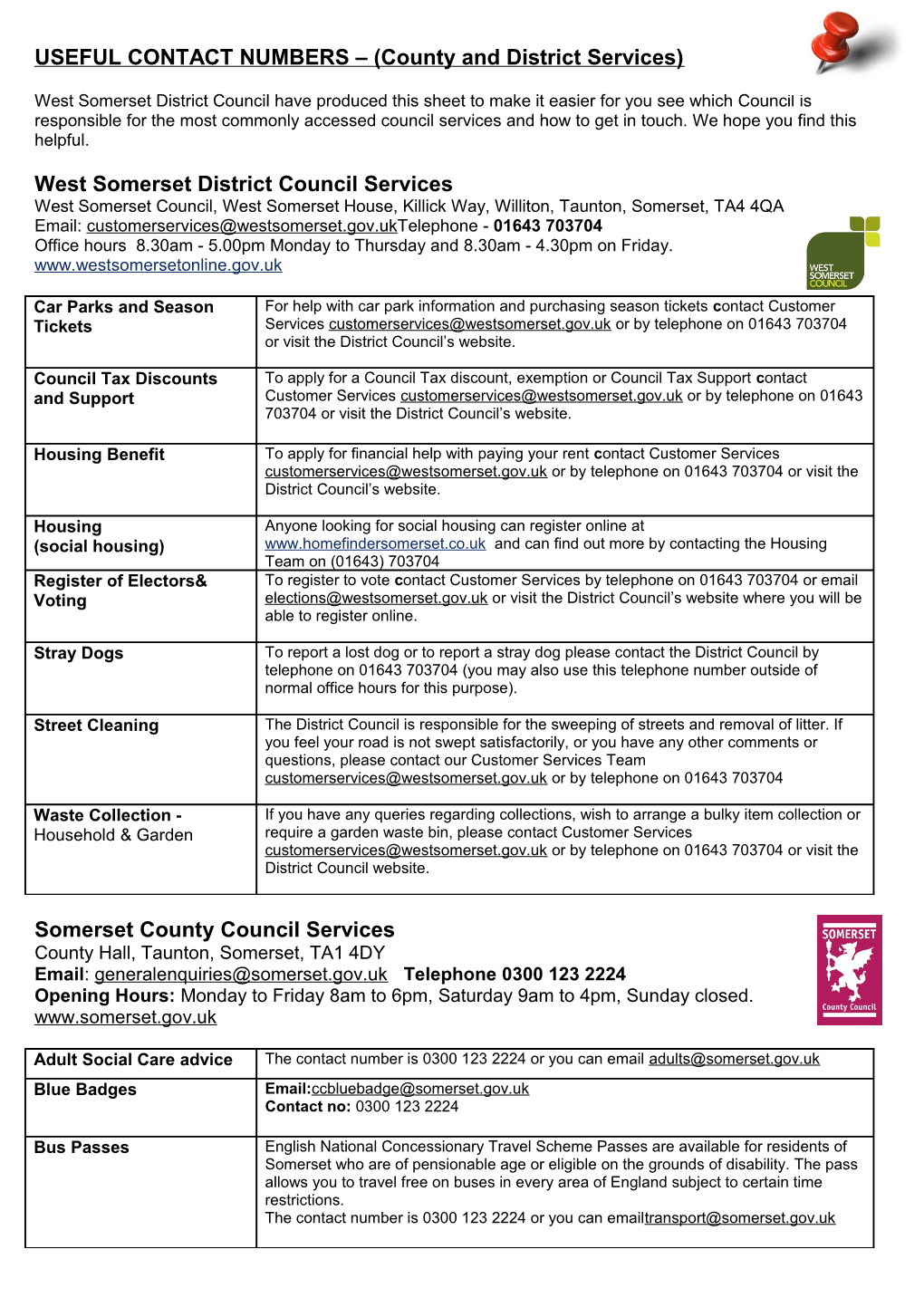 USEFUL CONTACT NUMBERS (County and District Services)